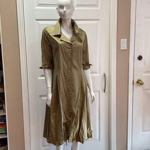 Linda Lundstrom Greeny Gold Silk Dress Green Button-Up with 2 Hemlines
